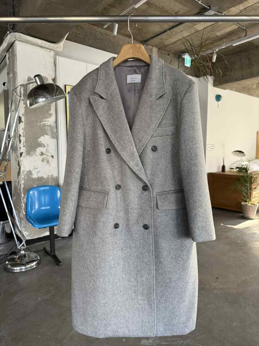 SOLAR韓國直郵㊣女裝新品熱賣休閑推薦中長款大衣人字紋雙層SOLAR中長款大衣