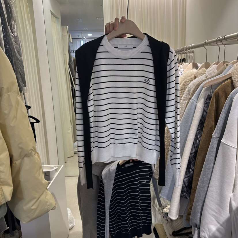 LIL韓國代購㊣女士新品人氣時尚熱賣推薦休閑針織衫披肩條紋LIL針織衫