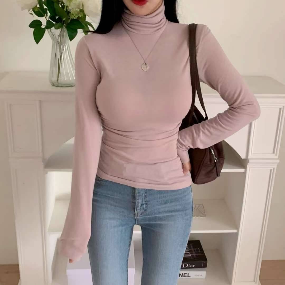 PUDDING韓國直郵㊣女裝新品推薦熱賣職業長袖T恤抓絨高領褶皺PUDDING長袖T恤