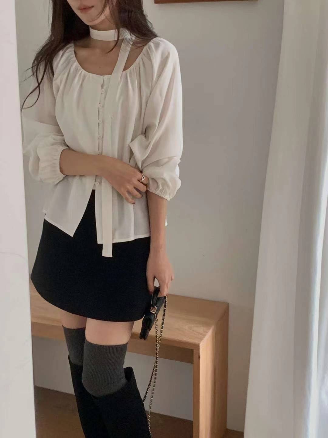 MIELLE-미엘르-OT韓國代購㊣女裝新品25秋冬襯衫蕾絲衫含脖帶羊毛MIELLE-미엘르-OT襯衫/蕾絲衫