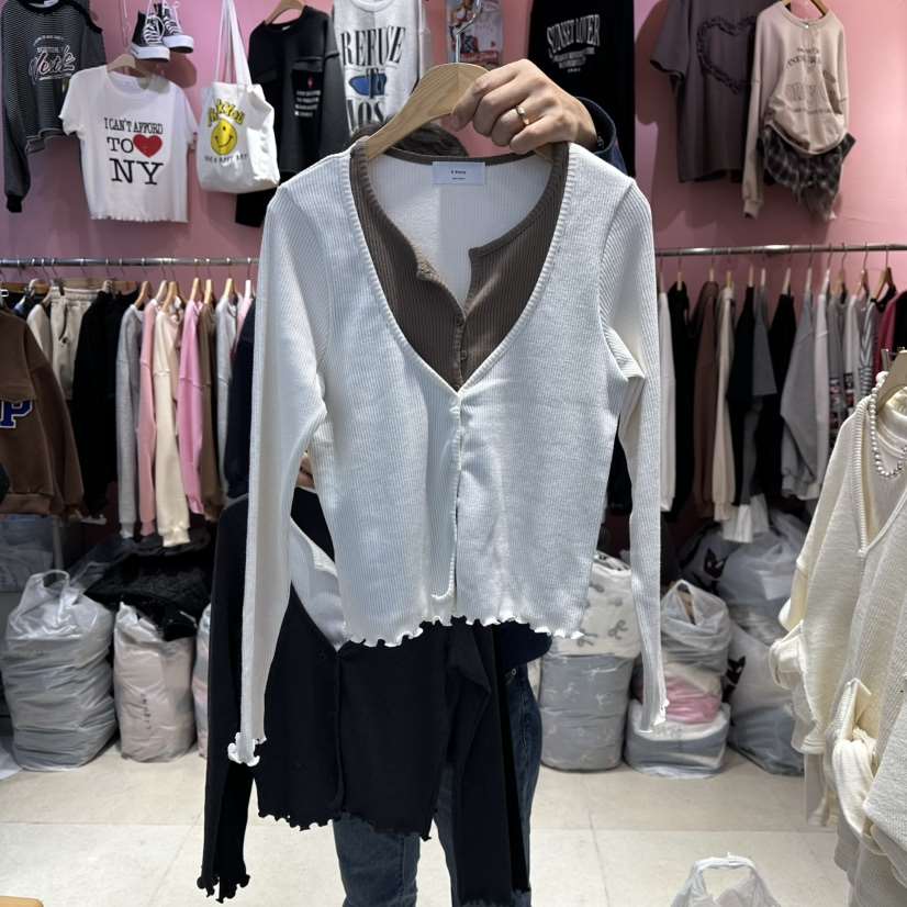 K STORY東大門㊣實拍女裝新品人氣長袖T恤羊毛衫假兩件雙層K STORY長袖T恤