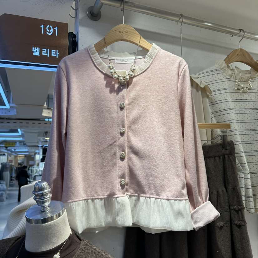 BELITA韓國直郵㊣女士新款休閑25秋冬熱賣職業針織衫雪紡紐扣BELITA針織衫