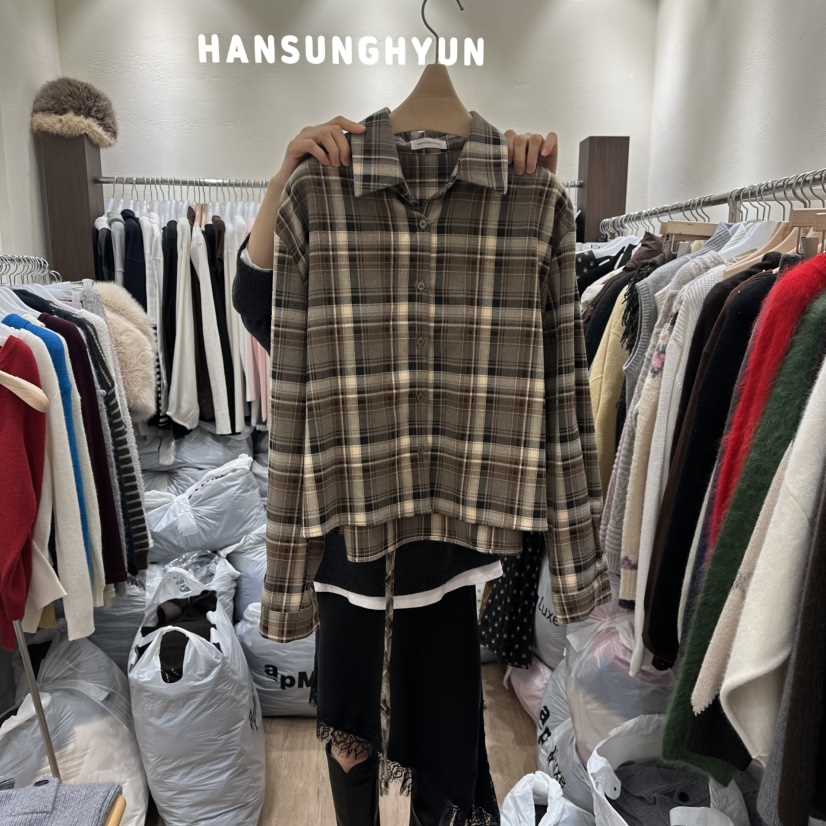 HANSUNGHYUN韓國直郵㊣女裝新款人氣職業時尚襯衫蕾絲衫格紋HANSUNGHYUN襯衫/蕾絲衫