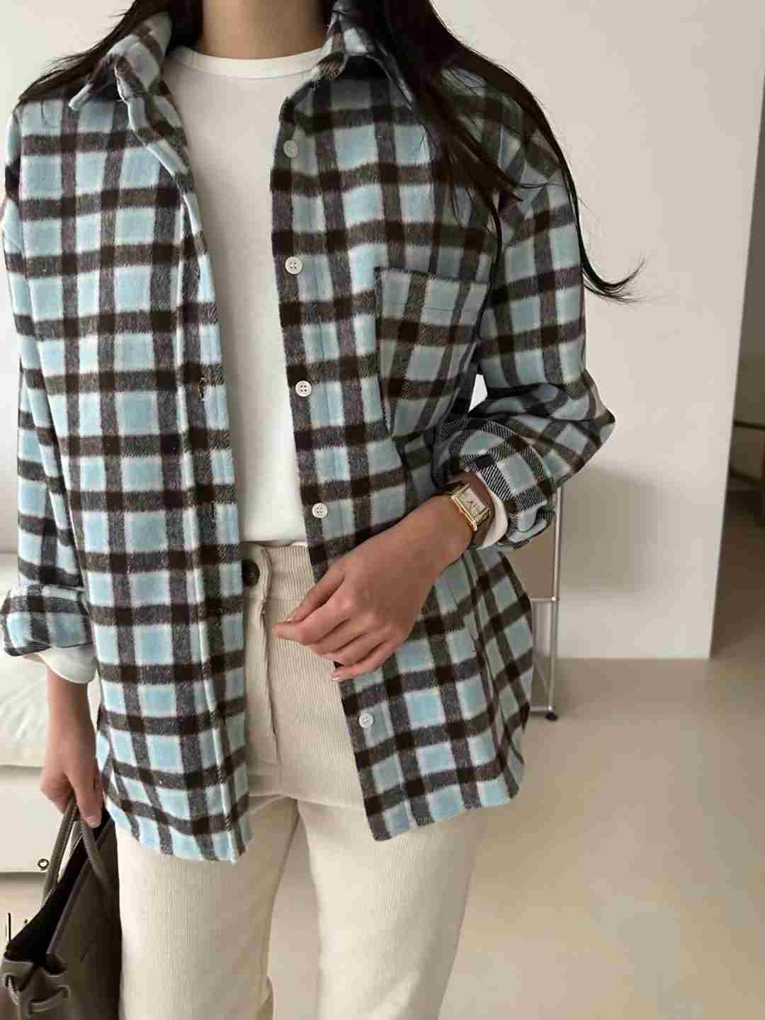 KIND-카인드-OT韓國直郵㊣女裝新款休閑襯衫蕾絲衫羊毛格紋KIND-ot襯衫/蕾絲衫