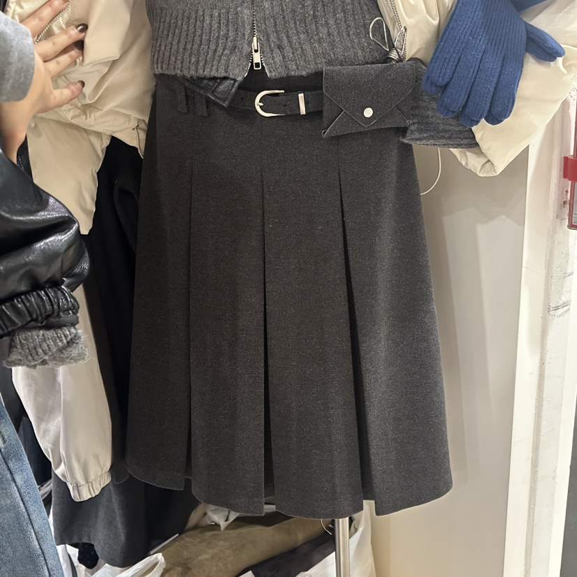 MELO東大門㊣實拍女裝新品推薦25秋冬半身裙中短裙含腰帶褶裥MELO半身裙/中短裙