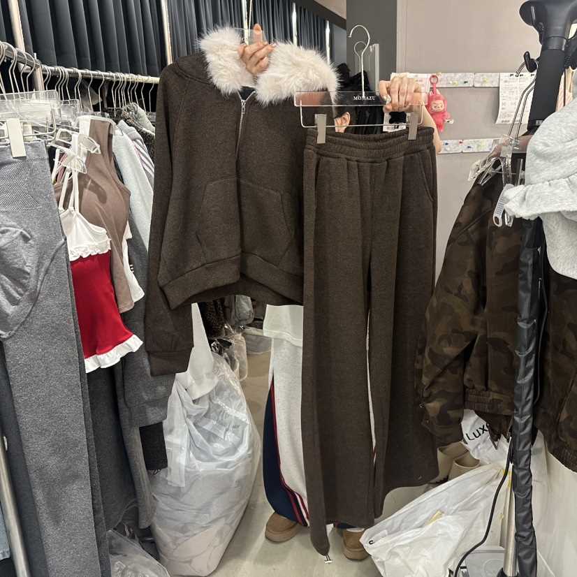 MOMAZU韓國直郵㊣女裝新品職業人氣休閑時尚套裝加絨拉鏈套裝MOMAZU套裝