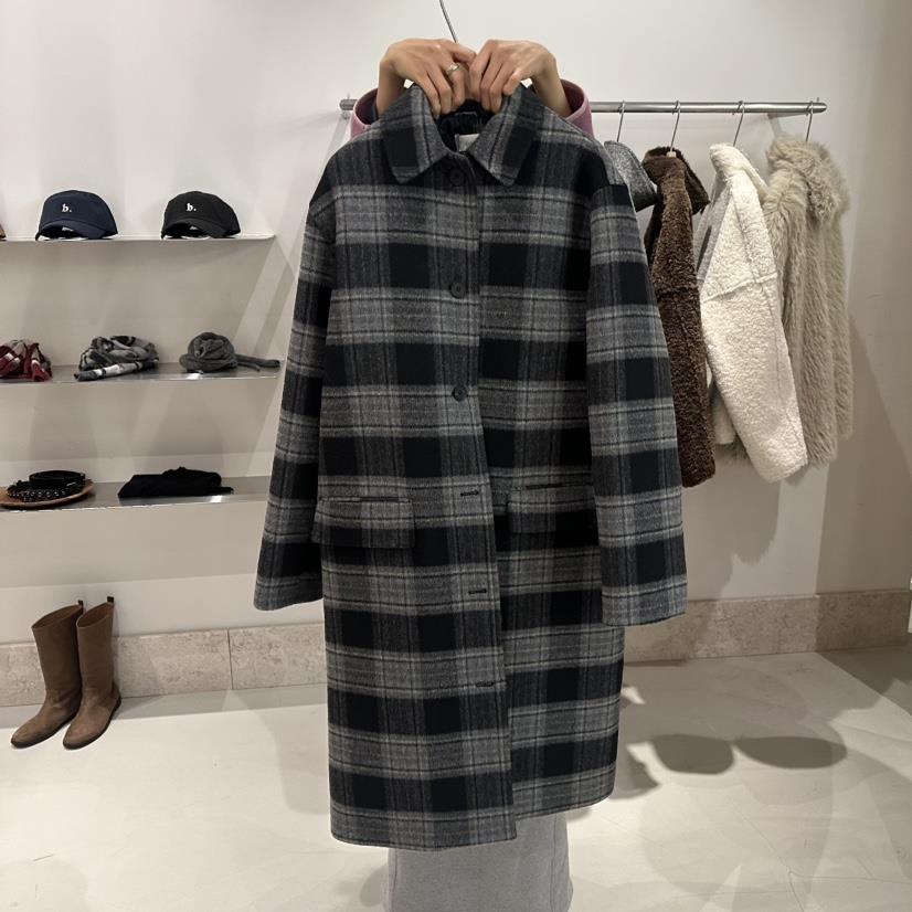 ANDMORE BUTTON韓國代購㊣女士新品熱賣中長款大衣羊毛格紋ANDMORE BUTTON中長款大衣