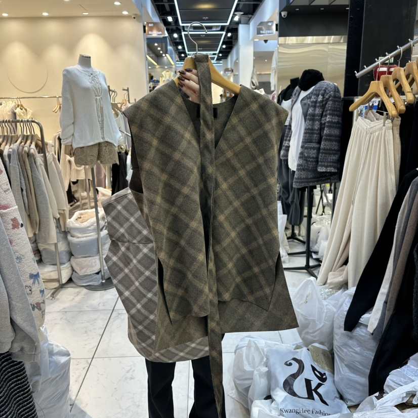 SANS東大門㊣代購女士新品休閑25秋冬人氣吊帶背心含腰帶格子SANS吊帶/背心