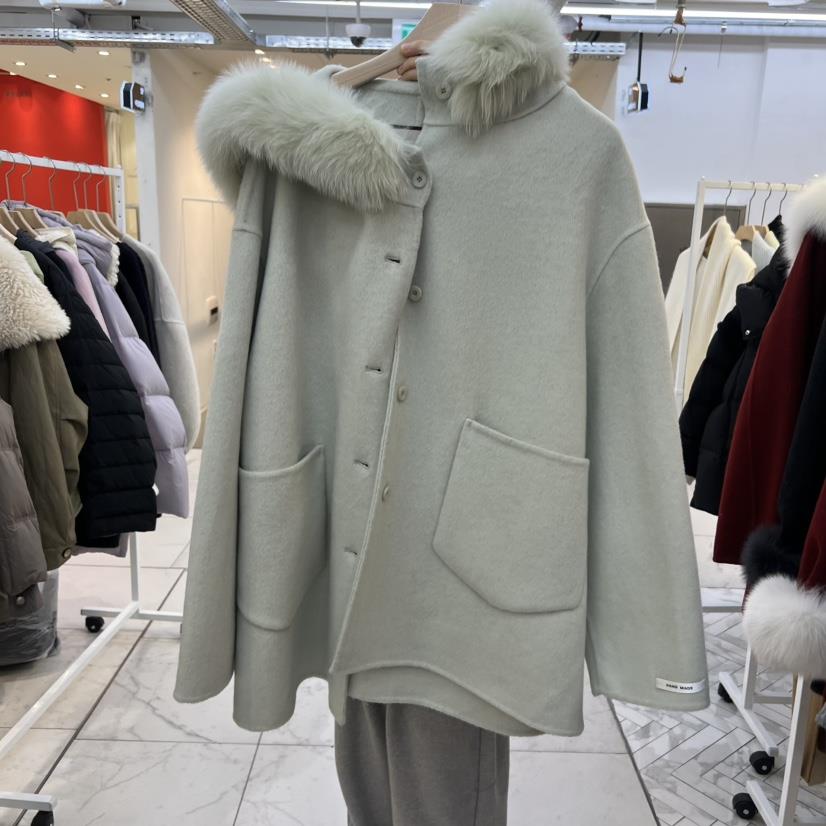 SIMPLE PARK/WMSTORY東大門㊣直郵女裝新品職業中長款大衣毛皮兜帽SIMPLE PARK/WMSTORY中長款大衣