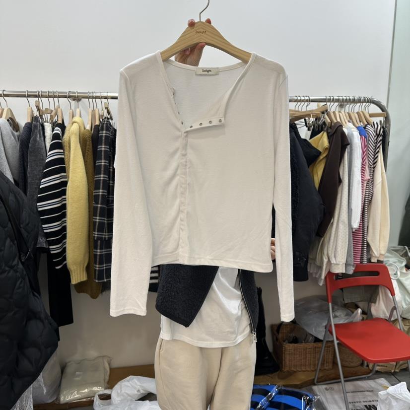 DELIGHT-L韓國代購㊣女裝新款職業真品熱賣休閑長袖T恤紐扣DELIGHT-L長袖T恤