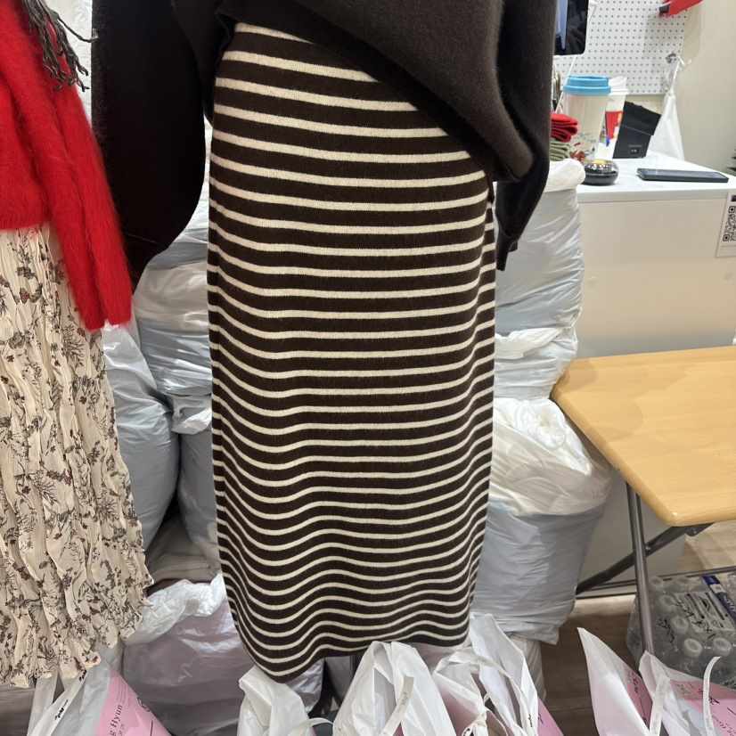 HANSUNGHYUN東大門㊣代購女裝新款休閑人氣25秋冬長裙羊毛條紋HANSUNGHYUN長裙