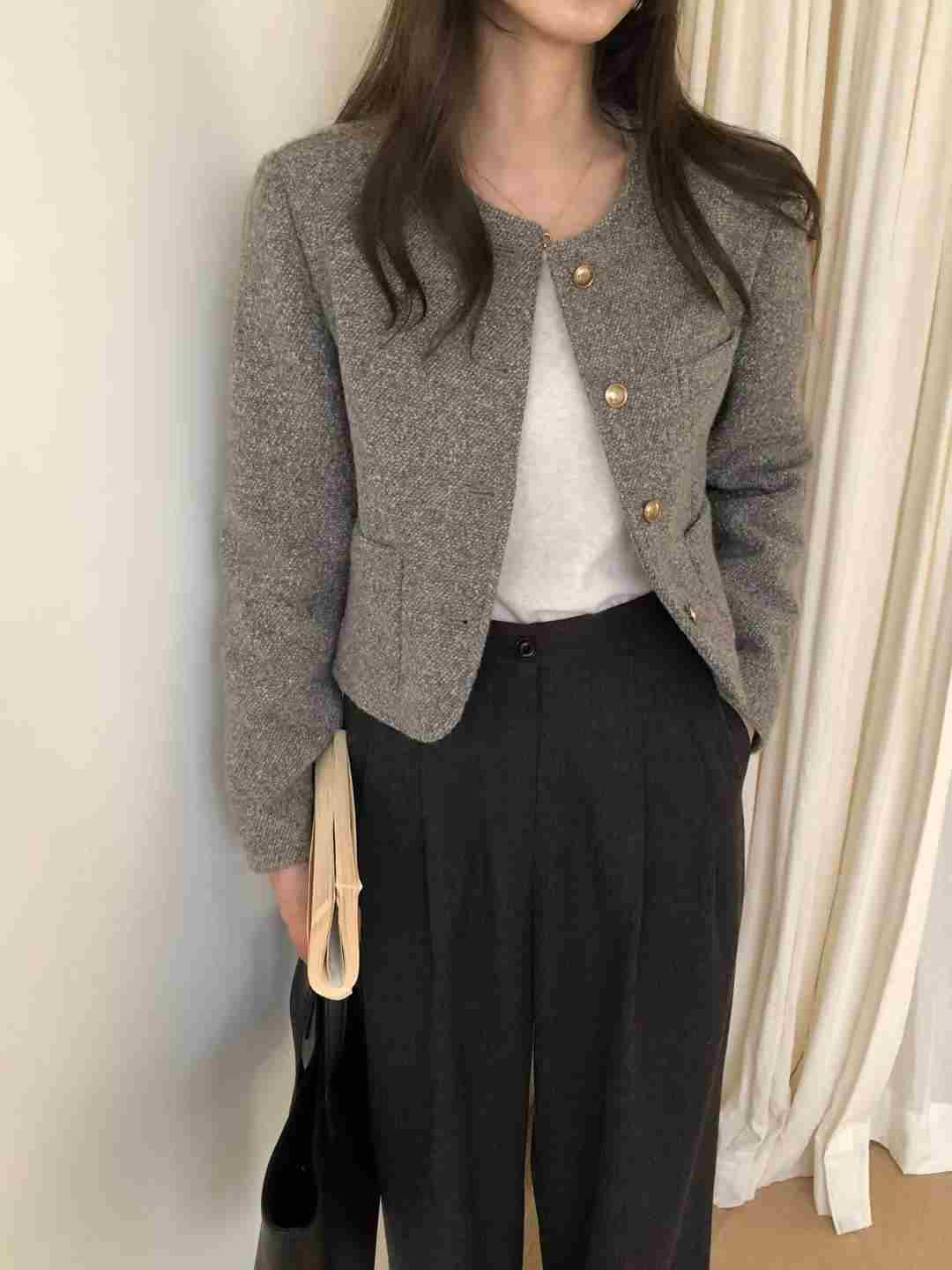 INOUF韓國代購㊣女裝新款人氣熱賣時尚休閑25秋冬夾克粗花呢羊毛INOUF/FLUTTER夾克