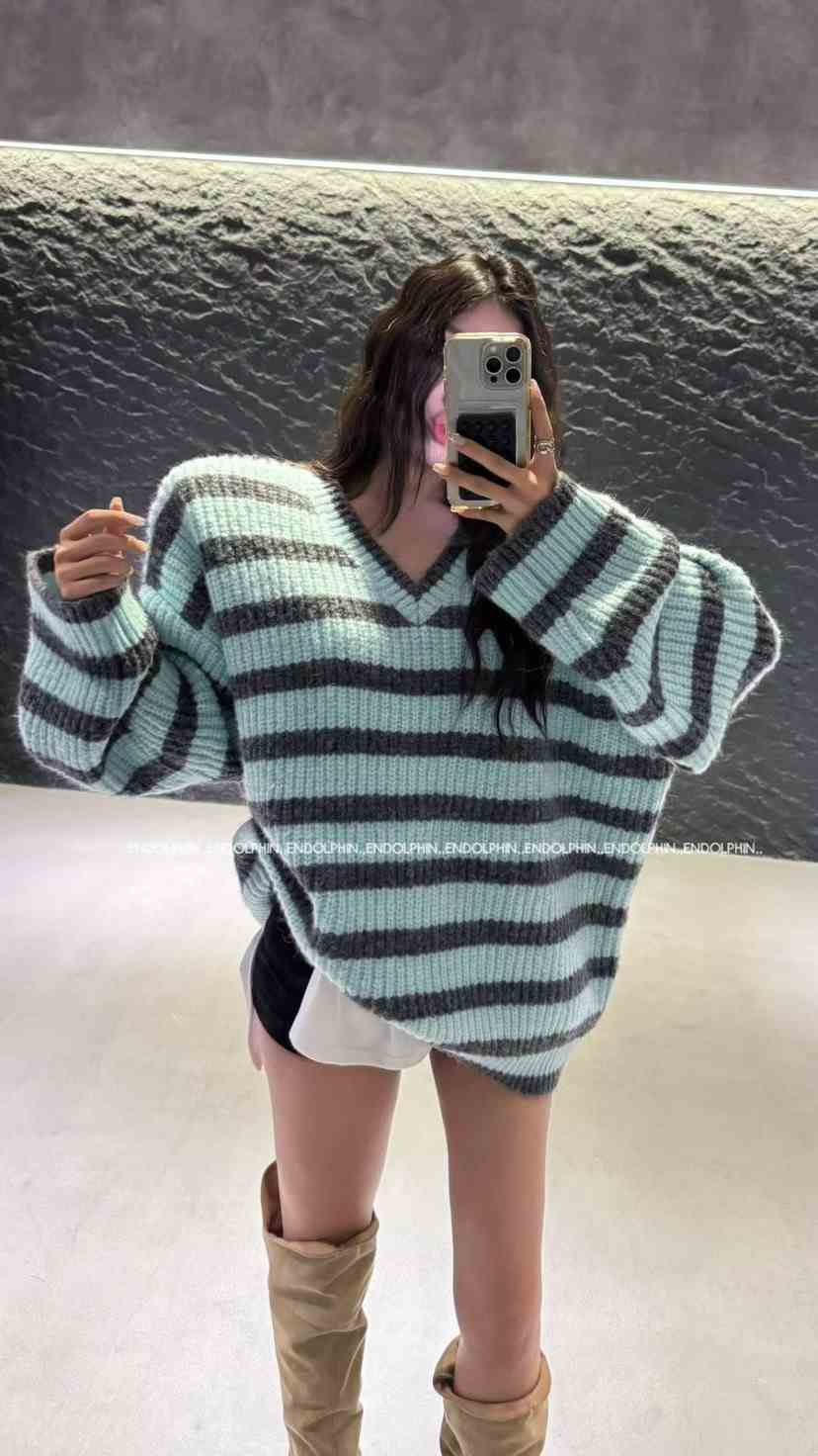 ENDOLPHIN東大門㊣代購女裝新品真品職業人氣休閑毛衣V領條紋ENDOLPHIN毛衣