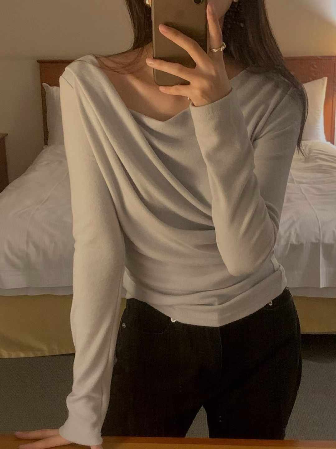 OSRO東大門㊣代購女裝新品25秋冬真品職業時尚熱賣長袖T恤褶皺OSRO長袖T恤