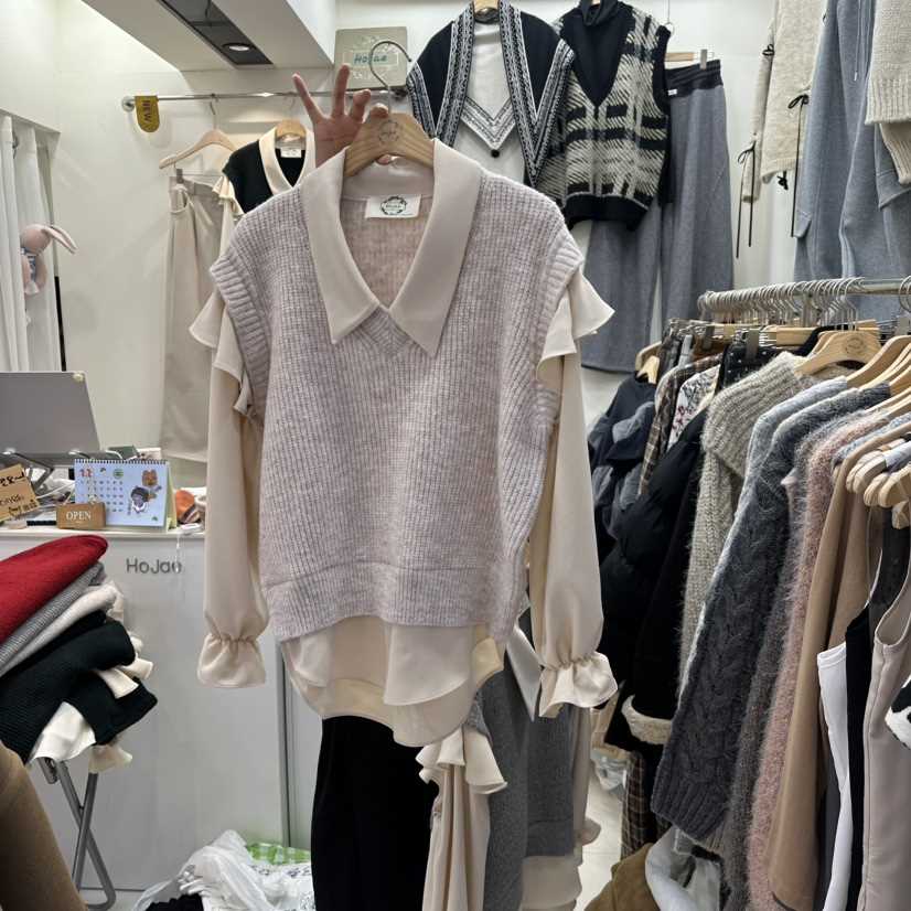 HOJAE東大門㊣代購女裝新品25秋冬熱賣襯衫蕾絲衫假兩件荷葉邊MID-LEVEL JUMP襯衫/蕾絲衫