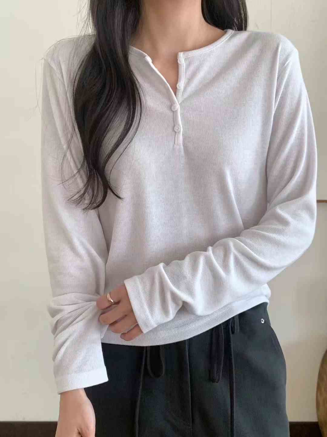 STAY韓國代購㊣女裝新品熱賣休閑25秋冬時尚人氣長袖T恤紐扣STAY長袖T恤