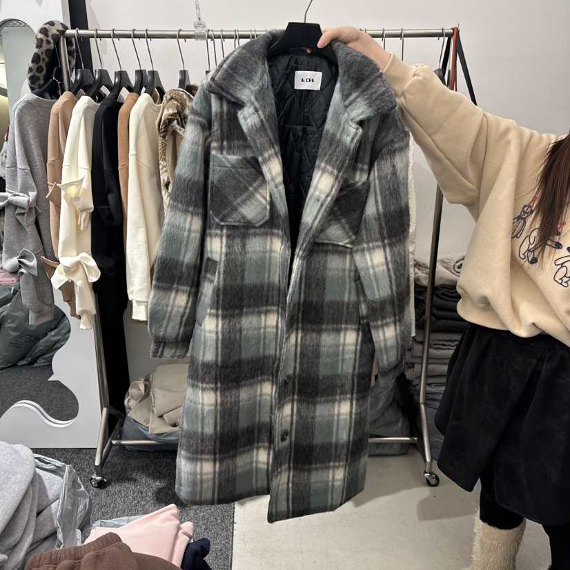 A.CES東大門㊣代購女裝新款人氣真品25秋冬中長款大衣格子A.CES中長款大衣