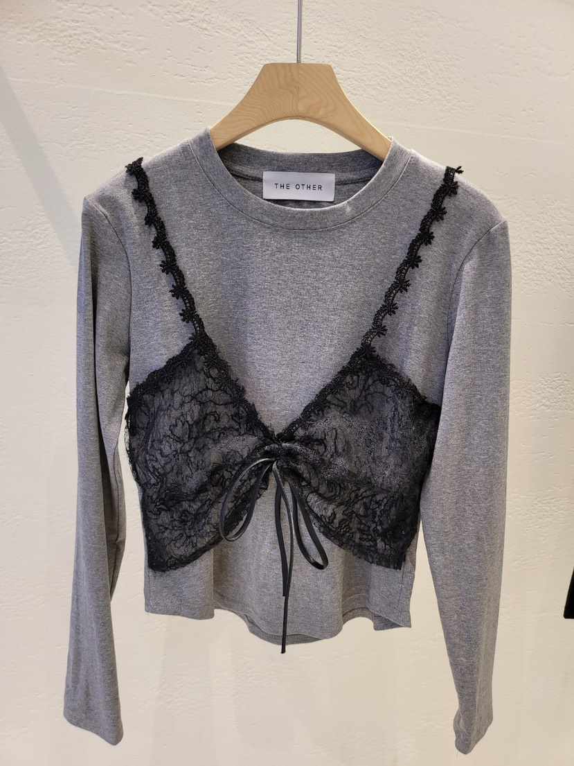 THE OTHER韓國直郵㊣女士新品職業人氣休閑長袖T恤假兩件蕾絲THE OTHER長袖T恤