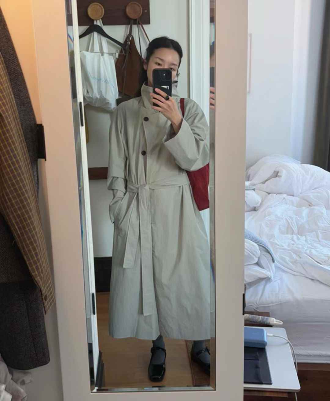 ALL OF US韓國代購㊣女士新款時尚真品職業長款風衣含腰帶ALL OF US長款風衣