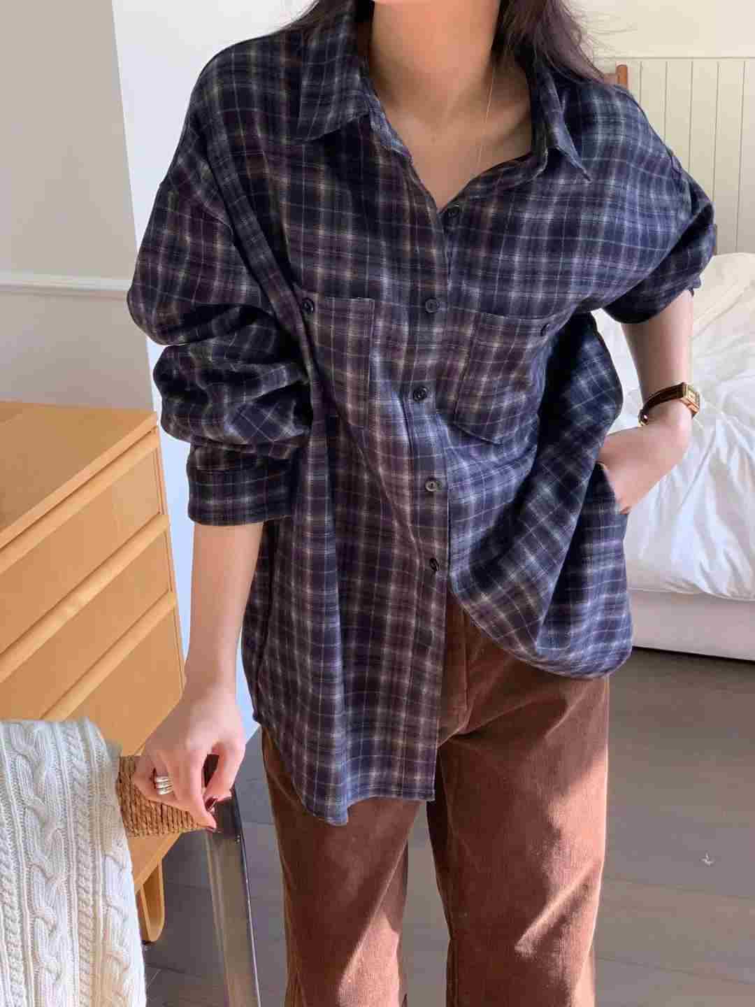 AREING東大門㊣直郵女士新品人氣25秋冬職業襯衫蕾絲衫格子AREING襯衫/蕾絲衫