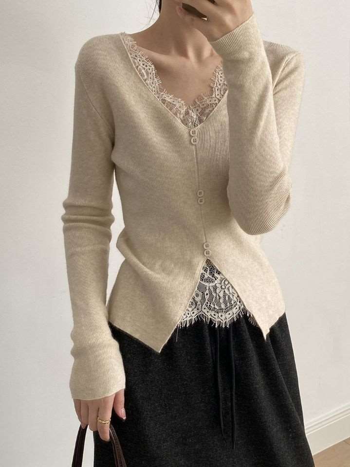 STAY HERE韓國直郵㊣女裝新款職業熱賣人氣25秋冬針織衫蕾絲STAY HERE針織衫