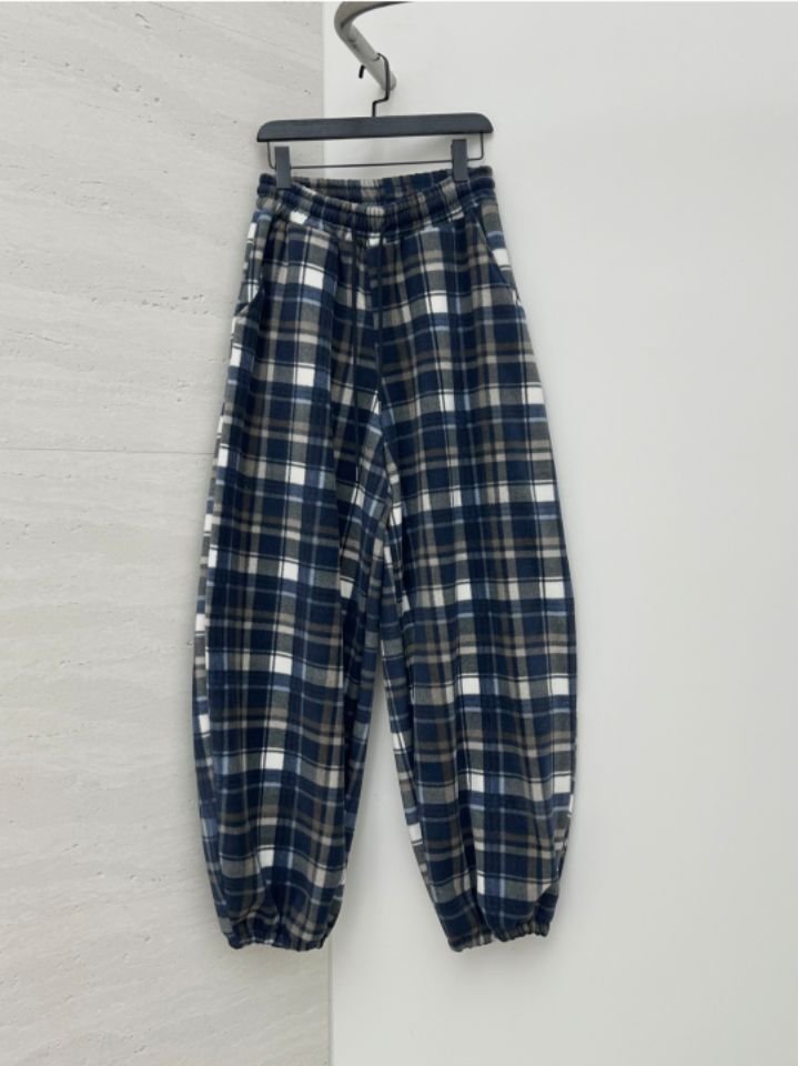 HESTORY韓國代購㊣女裝新品人氣推薦休閑褲男女同款格紋抓絨HESTORY休閑褲