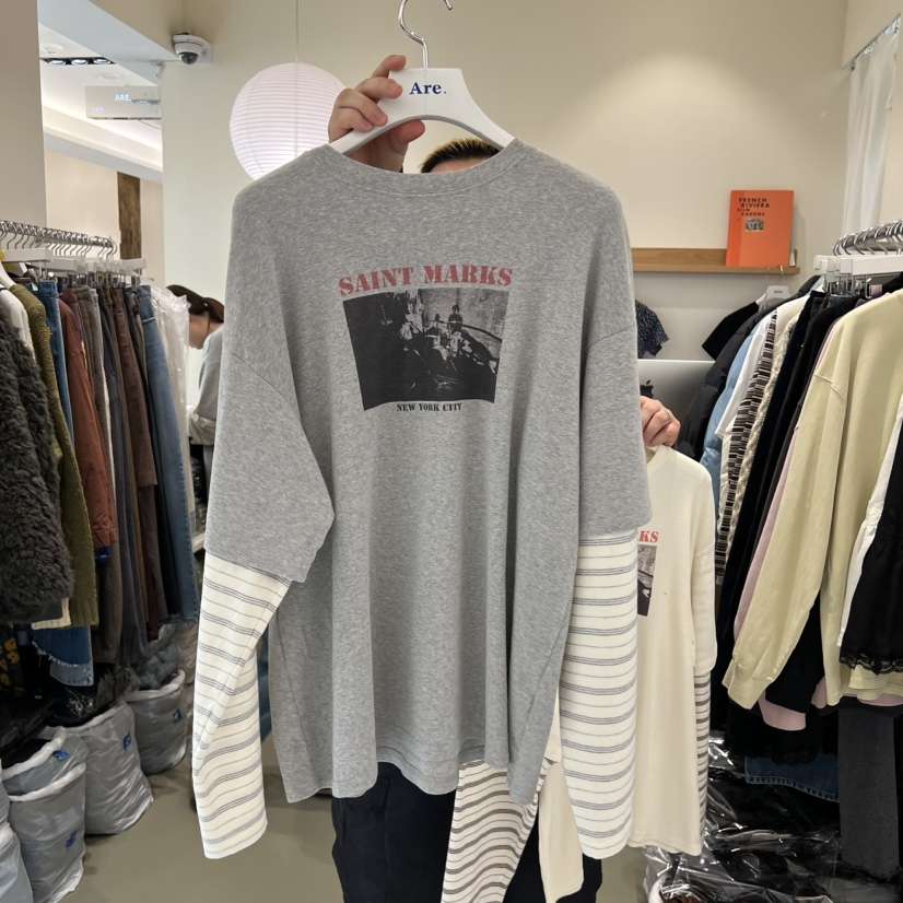 ARE㊣東大門實拍女裝新款人氣26春夏職業長袖T恤假兩件春款ARE YOU/ARE長袖T恤