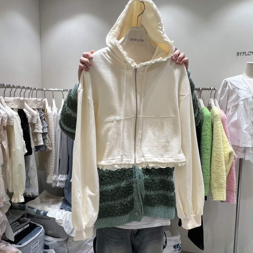 BY FLOW韓國直郵㊣女裝新品熱賣人氣夾克連帽衫春款短款蕾絲BY FLOW夾克