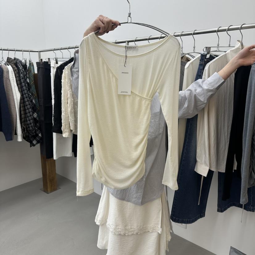 ENHANCE東大門直郵㊣女裝新品職業人氣推薦長袖T恤春款褶皺ENHANCE長袖T恤