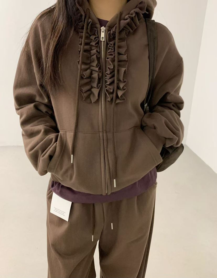 J CRANE-A㊣東大門代購女士新品時尚夾克連帽拉鏈衫荷葉邊J CRANE夾克