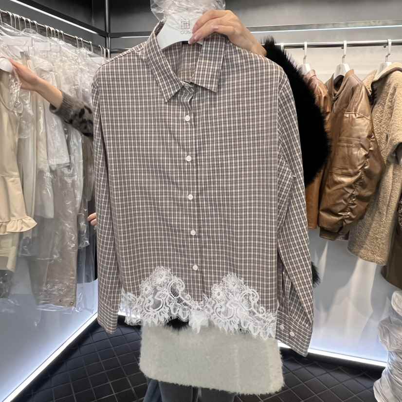 OUS/INCH-L㊣東大門實拍女裝新品真品襯衫蕾絲衫春款格紋OUS/INCH襯衫/蕾絲衫