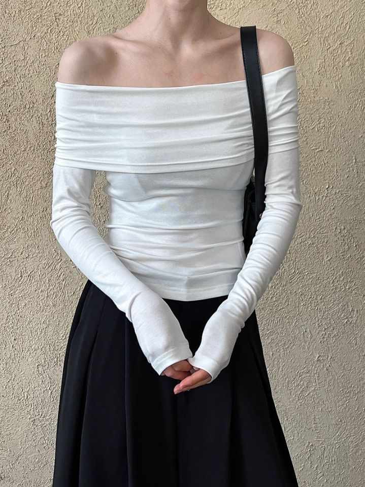 STAY HERE韓國代購㊣女裝新款26春夏真品熱賣職業長袖T恤露肩STAY HERE長袖T恤