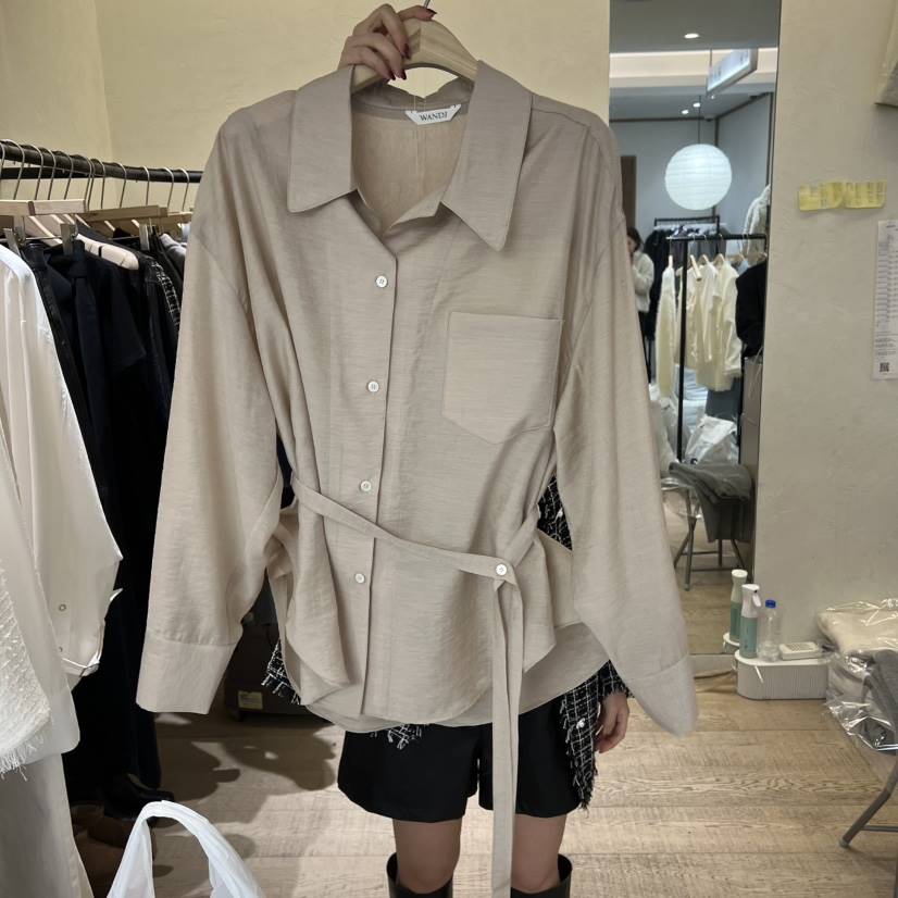 W AND J韓國直郵㊣女裝新品推薦時尚襯衫蕾絲衫含腰帶春款W AND J襯衫/蕾絲衫