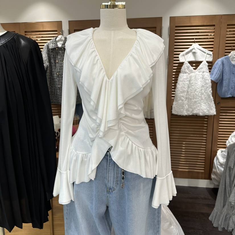 TRES BIEN韓國代購㊣女裝新品真品襯衫蕾絲衫荷葉邊春款柔軟開衫TRES BIEN襯衫/蕾絲衫