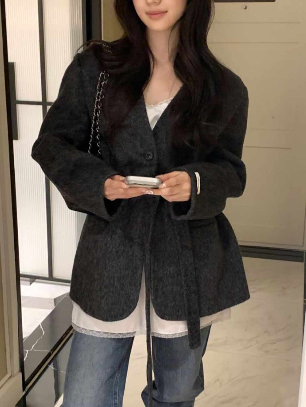 MARE MOHE東大門代購女裝新品熱賣人氣休閑短款大衣含腰繩MARE MOHE短款大衣