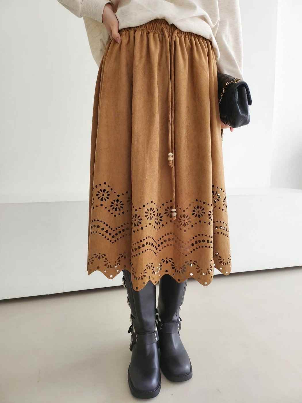 LAYERING韓國直郵㊣女裝新品職業人氣26春夏熱賣休閑長裙麂皮LAYERING長裙