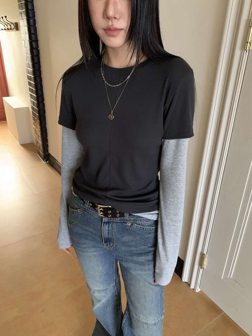 SUNDER MARKET韓國代購㊣女裝新款人氣熱賣職業長袖T恤假兩件SUNDER MARKET長袖T恤