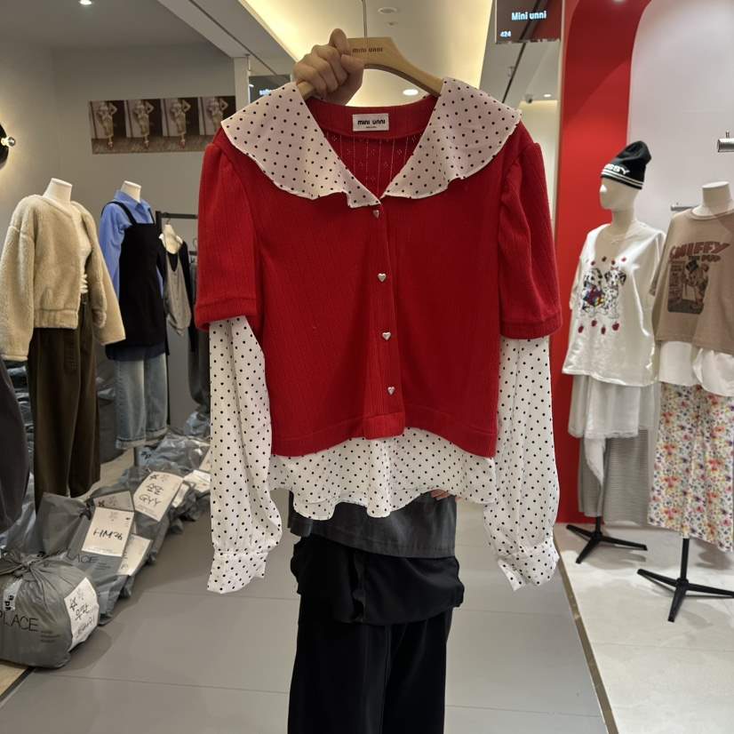 MINI UNNI韓國代購女士新品推薦熱賣襯衫蕾絲衫假兩件春款MINI UNNI襯衫/蕾絲衫