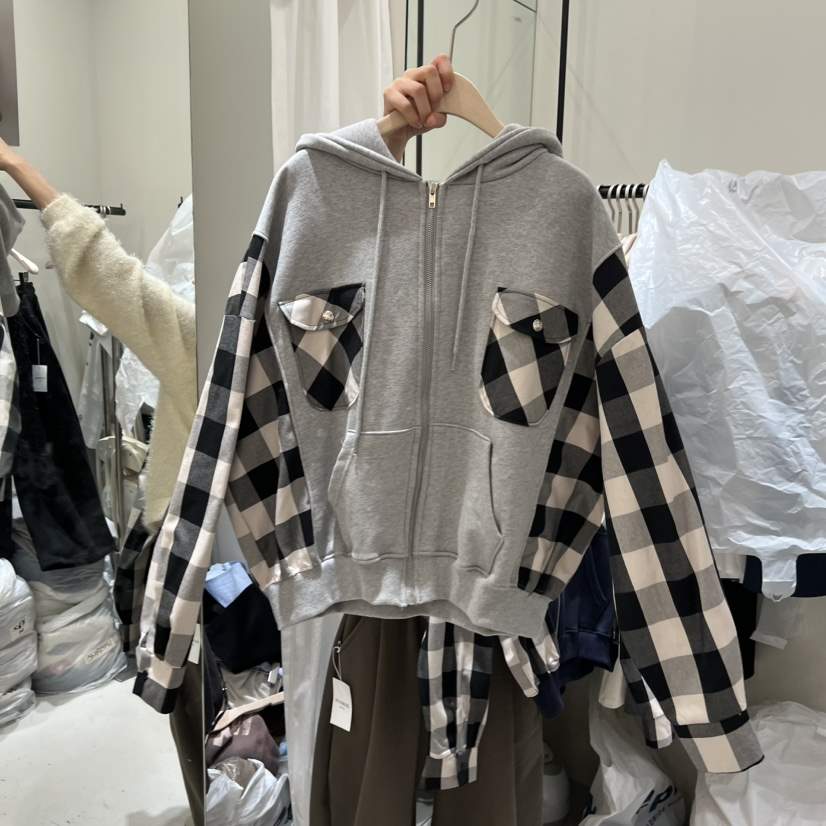 YUNBAL東大門實拍女裝新款熱賣25秋冬夾克連帽拉鏈衫格紋YUNBAL夾克