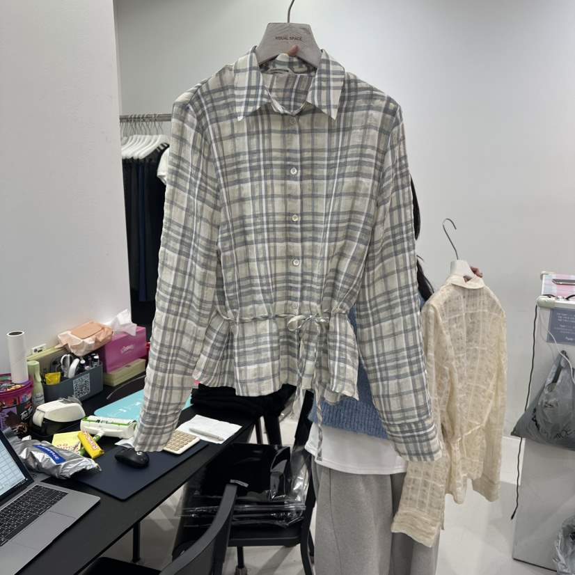 VISUAL SPACE韓國代購㊣女士新款推薦襯衫蕾絲衫春款格子圓領VISUAL SPACE襯衫/蕾絲衫