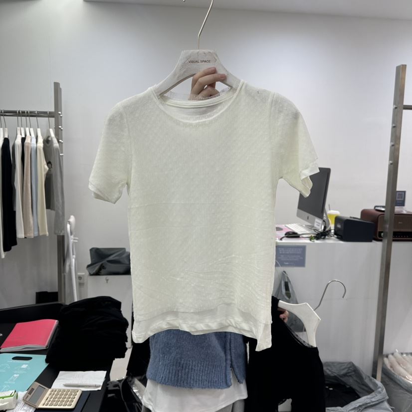 VISUAL SPACE㊣東大門實拍女士新品休閑時尚T恤春款蕾絲雙層VISUAL SPACET恤