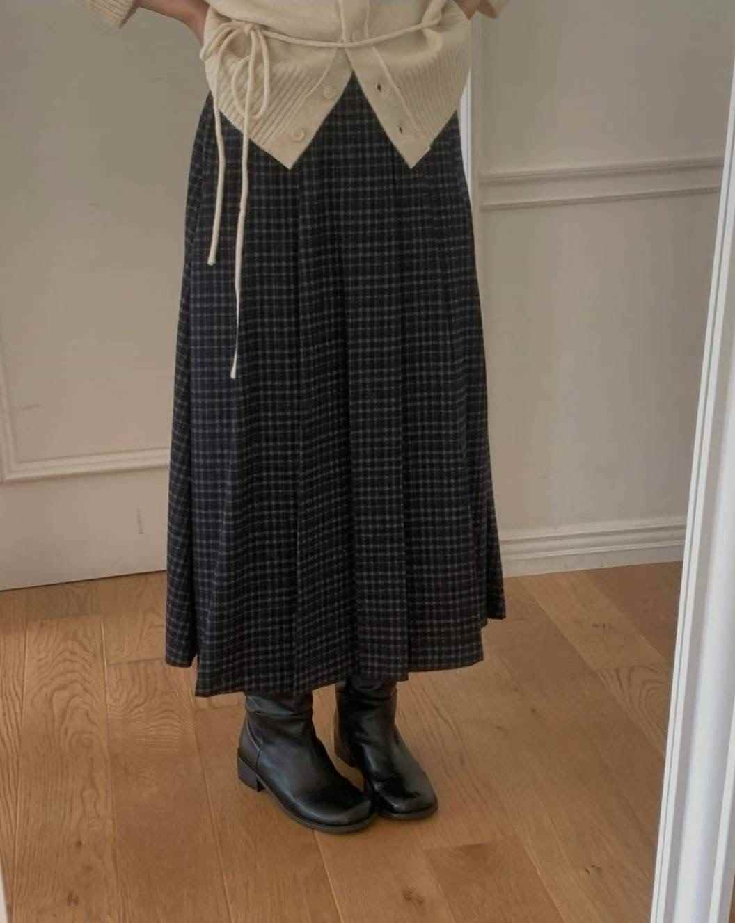 LIBRE韓國代購女士新款休閑人氣25秋冬職業時尚長裙格子褶裥HAY KNOCK長裙