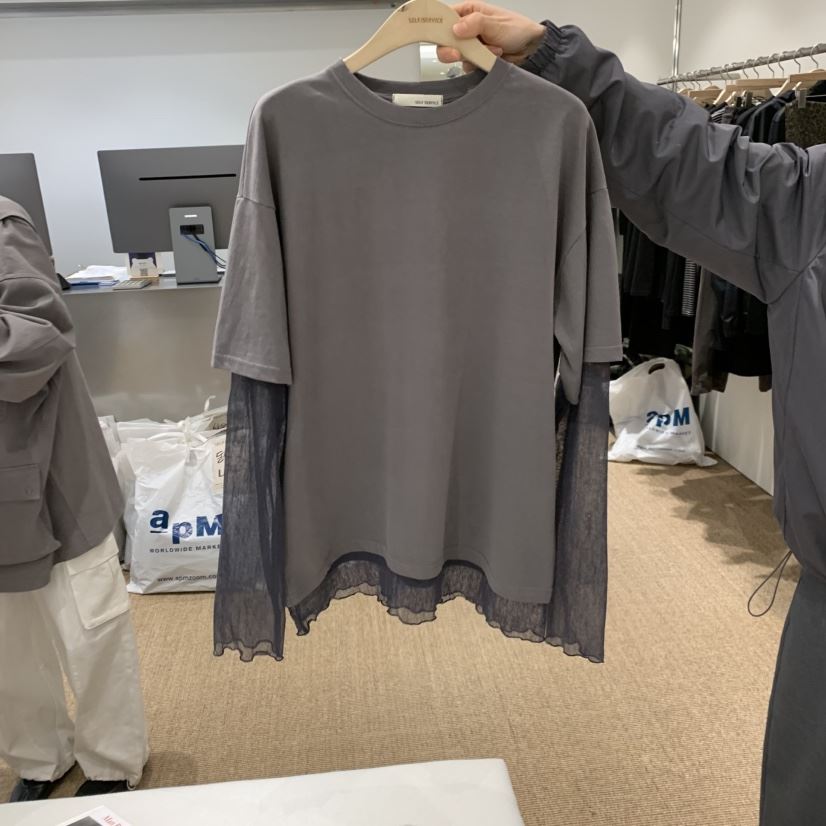 SELF SERVICE㊣東大門實拍女士新款真品長袖T恤假兩件蕾絲SELF SERVICE長袖T恤