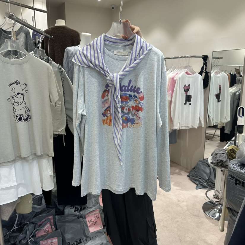 MIMME/LOOKK韓國直郵㊣女士新品人氣長袖T恤含圍巾春款雙層MIMME/LOOKK長袖T恤
