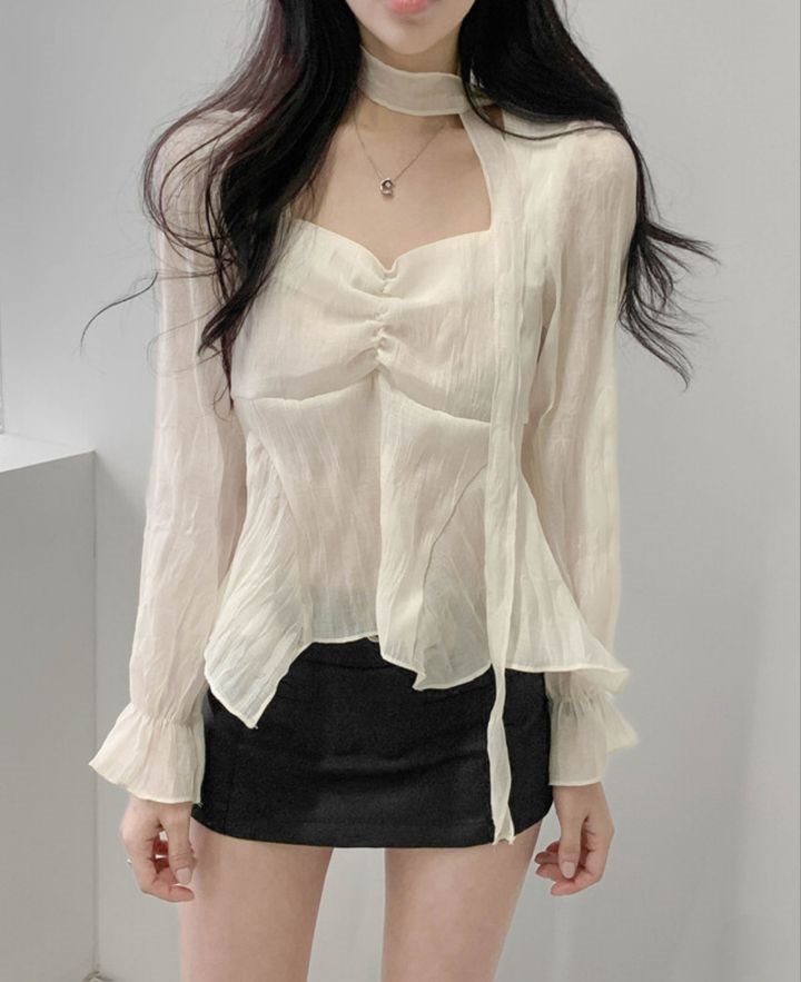 CRONG東大門直郵女裝新品職業推薦熱賣休閑襯衫蕾絲衫含脖帶CRONG襯衫/蕾絲衫