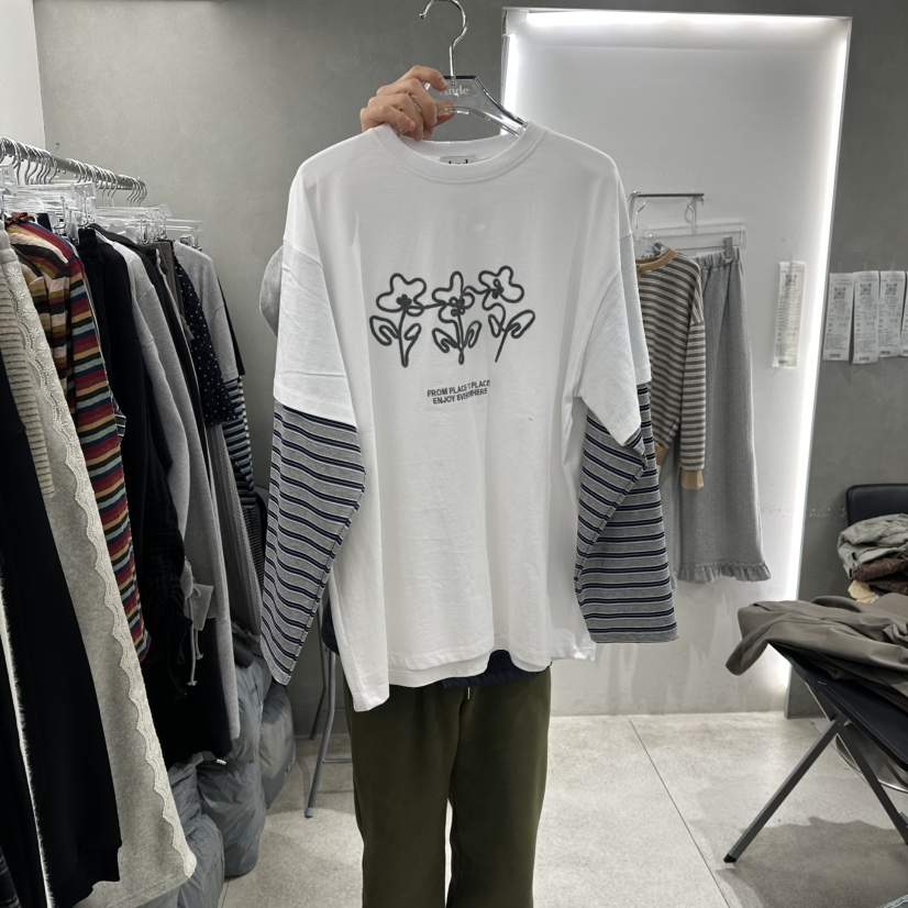 ANDE東大門直郵女裝新款時尚休閑26春季長袖T恤假兩件刺繡Ande長袖T恤