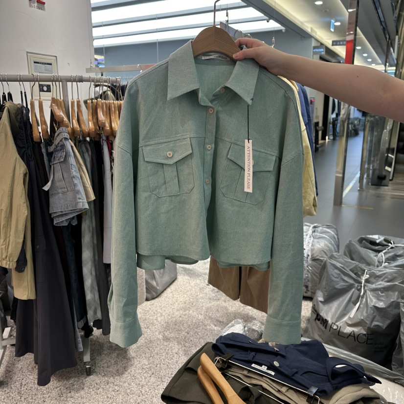 ATPZ東大門代購女士新品熱賣襯衫蕾絲衫不含內搭口袋短款ATTENTION PLEAES襯衫/蕾絲衫