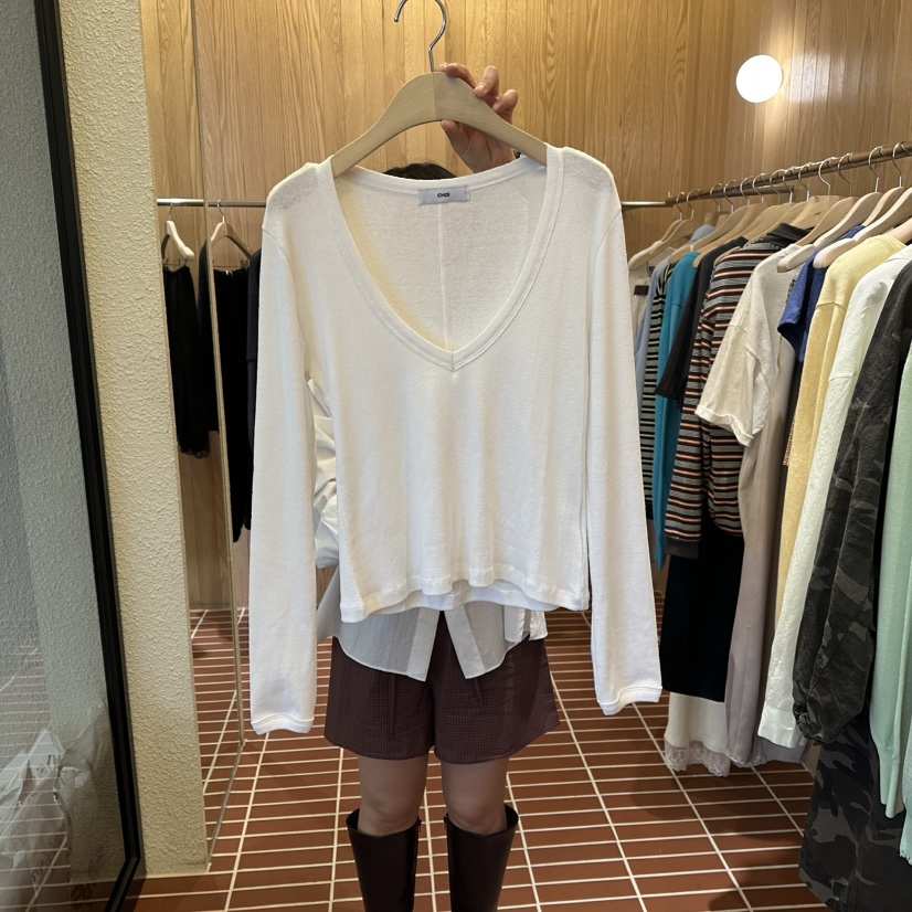 CHOI-L東大門代購女裝新款熱賣休閑人氣推薦時尚長袖T恤V領CHOI長袖T恤