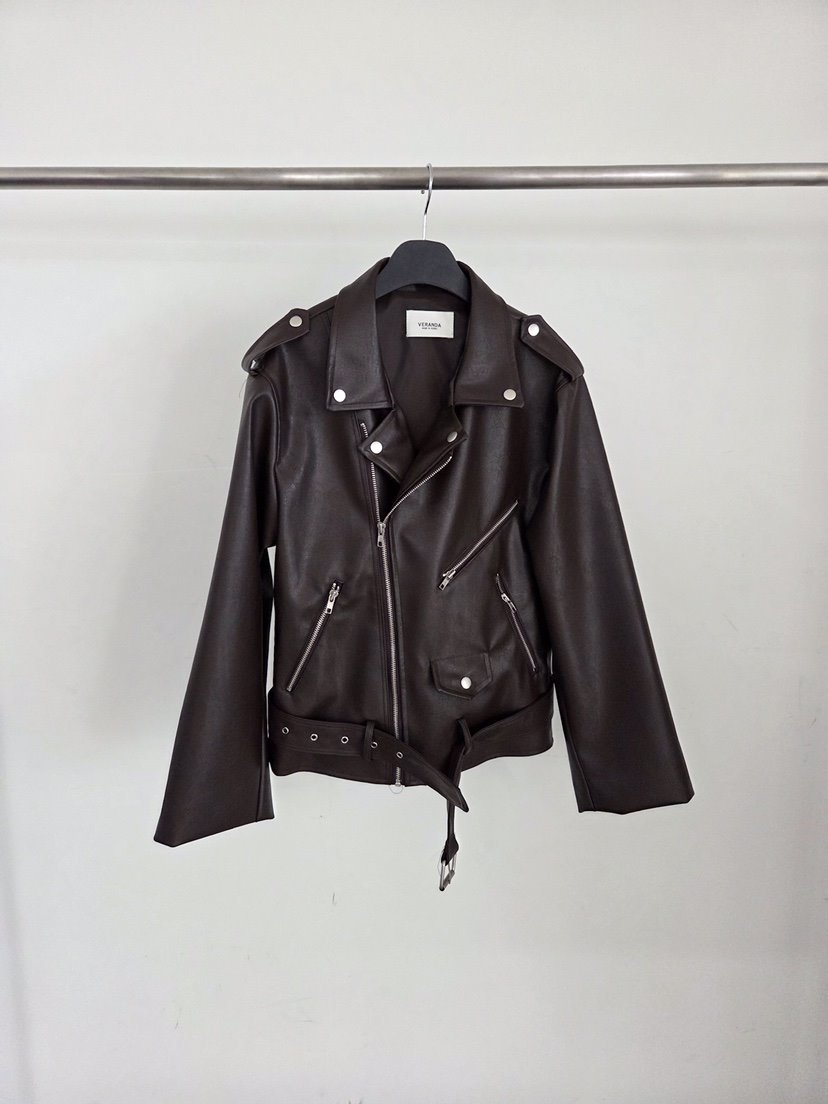 VERANDA韓國直郵女士新款人氣26春夏時尚職業休閑皮衣含腰帶VERANDA皮衣