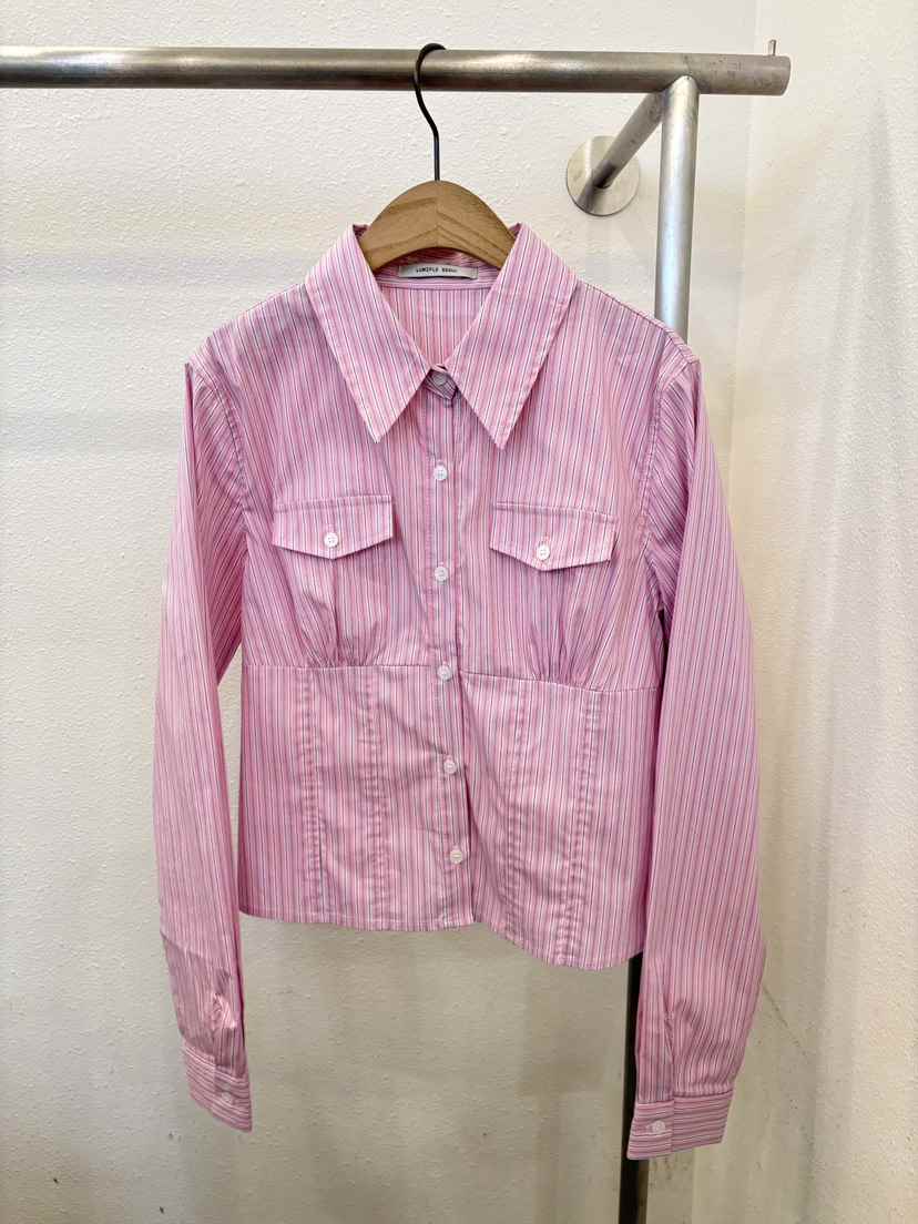 LUMIPLE韓國直郵女士新品熱賣職業推薦襯衫蕾絲衫口袋條紋LUMIPLE襯衫/蕾絲衫